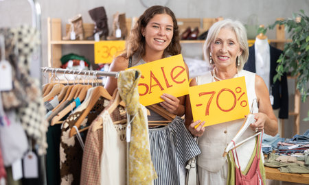 Two positive women holding sale banner in clothing store