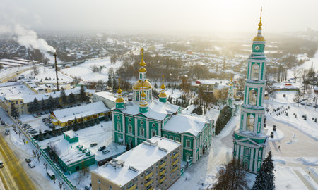 Aerial view of Spaso-Preobrazhensky Cathedral in Tambov in winterの写真素材