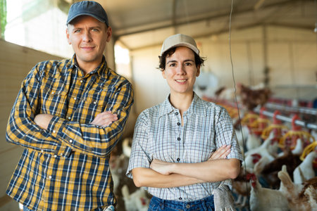experienced young couple working in chicken farmの写真素材
