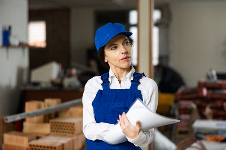 Female designer making checklist while planning building overhaulの写真素材