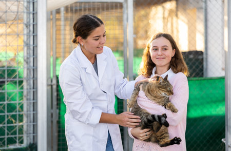 Preteen girl helping in animal shelter, standing outdoors with gray cat in armsの写真素材