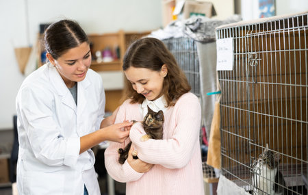 Tween girl standing with female shelter worker, holding kittenの写真素材