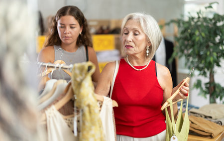 Two happy women of different ages choose summer clothes in fashion boutiqueの写真素材