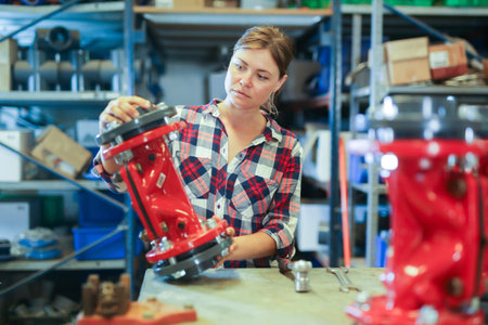 Woman assembling plumbing fixture in workshop