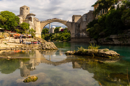 View of the city of Mostar and its old bridge Stari Mostのeditorial素材