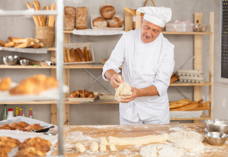 Skilled elderly baker kneading dough in cozy artisan bakery