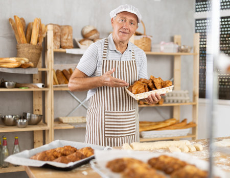 Smiling elderly baker in uniform stands behind counter in small private bakery offering croissantsの写真素材