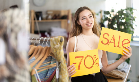 Portrait of woman holding sign saying 70 percent discount in clothing store