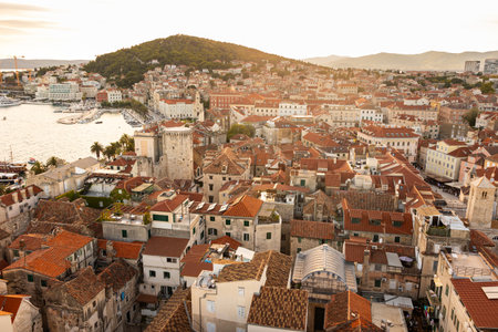 Sunset view from Saint Domnius Cathedral Bell Tower in Split Croatiaの写真素材