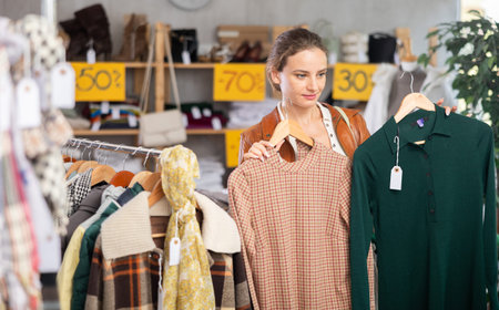 During November sales, woman choose and buy warm knitted dress