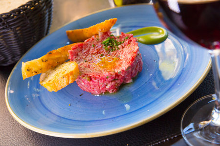 Plate of delicious veal tartarの写真素材