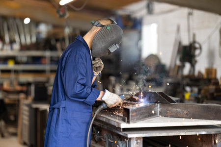 Male welder welds metal part in workshop