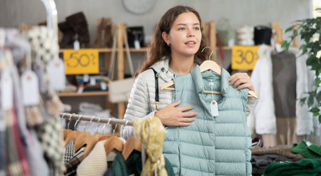 Young girl choosing light green vest for autumn-winter in clothing store