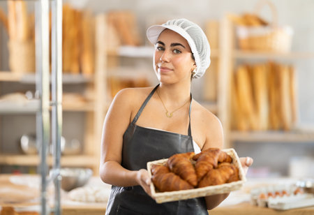 Young female baker with basket of croissants