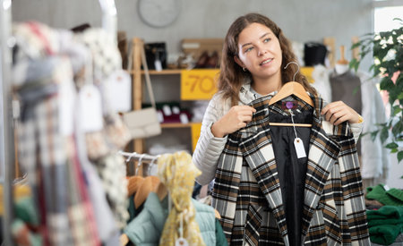 Positive young woman choosing something for autumn-winter in clothing store