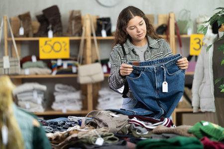 Young girl choosing jean pantaloons in clothing store