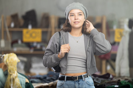 During November sales, young woman choose and try on hat, view reflection in mirror.