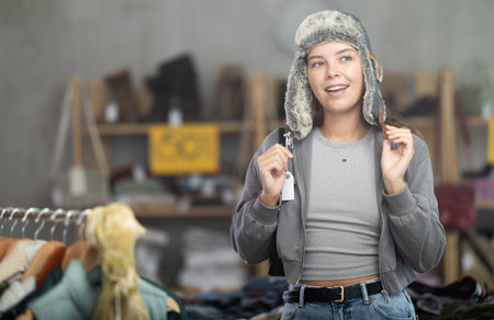 Positive young woman trying fur hat in clothing store