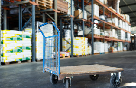 Empty platform hand truck standing in warehouse of hypermarketの写真素材
