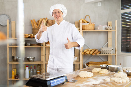 Portrait of smiling young male baker in uniform in bakery
