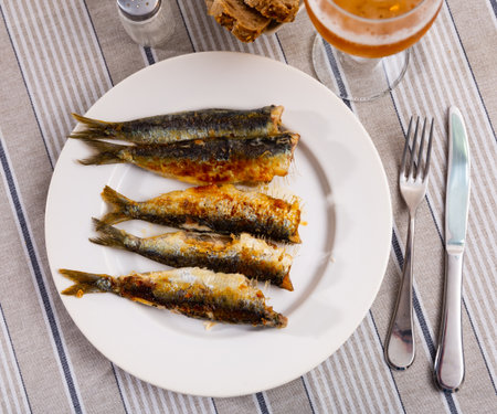 Fried sardine fish served on plateの写真素材