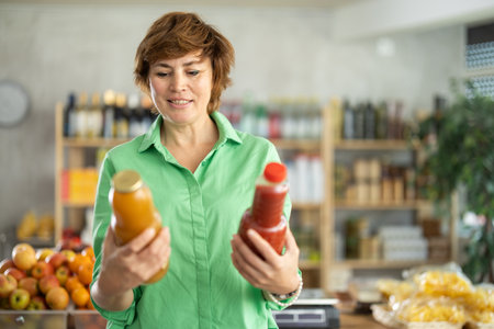 Adult woman chooses peach and tomato juicesの写真素材