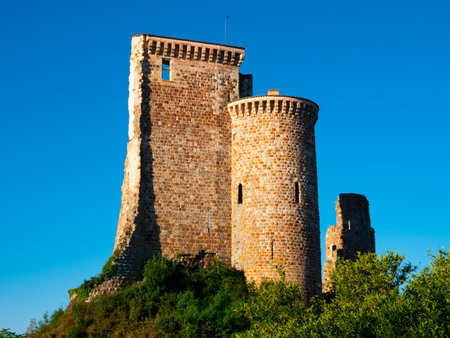 Remains of walls and tower of ancient fortified chateau in Herissonの写真素材
