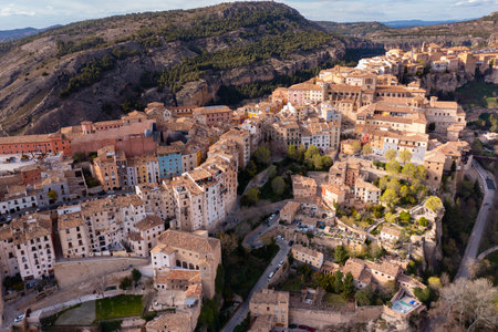 Drone view of Spanish city of Cuenca on rocky ledgeの写真素材
