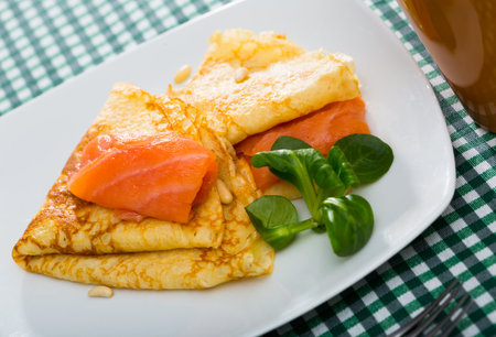 Crepes with smoked salmonの写真素材