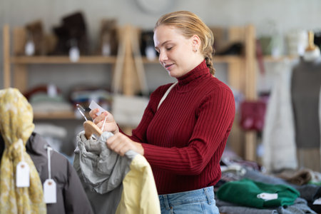 Attentive teenage girl choosing something for autumn-winter in clothing storeの写真素材