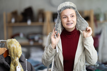 Positive teenage girl trying fur hat in clothing storeの写真素材