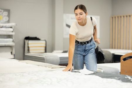 Woman in furniture center chooses best sofa for her apartmentの写真素材