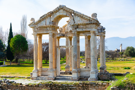 Ruins of tetrapylon of monumental gateway at Aphrodisias, Turkeyの写真素材