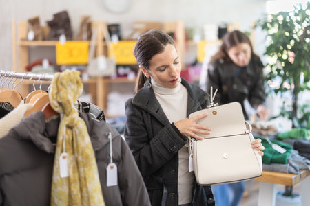 Adult woman choosing handbag in clothing storeの写真素材