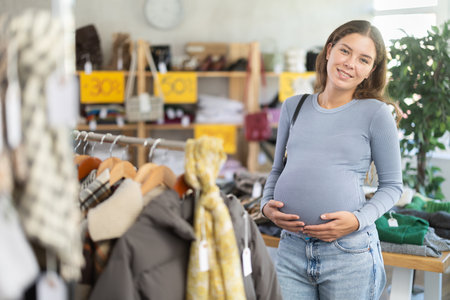 Pregnant woman choosing outerwear in clothing storeの写真素材