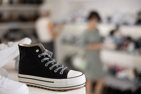 There are shoes on shelf in store
