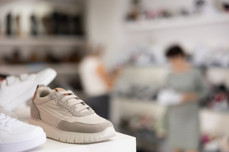 There are sneakers and sports shoes on shelf in storeの写真素材