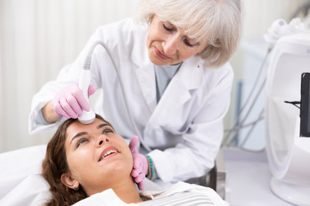 Elderly female doctor, dermatologist using ultrasound cavitation machine for improvement of skin condition of young female in clinicの写真素材