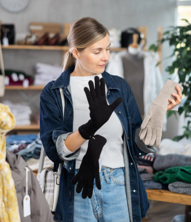 Adult woman choosing gloves in clothing storeの写真素材