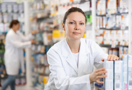 Pharmacy employee puts new healing body cosmetics on shelvesの写真素材