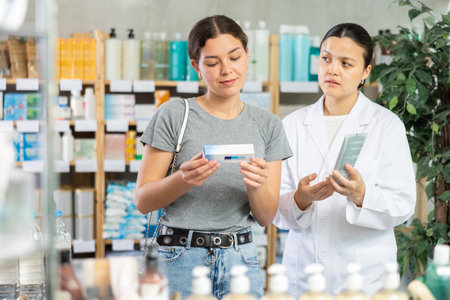 Young woman choosing ointment while pharmacist offering in drugstoreの写真素材