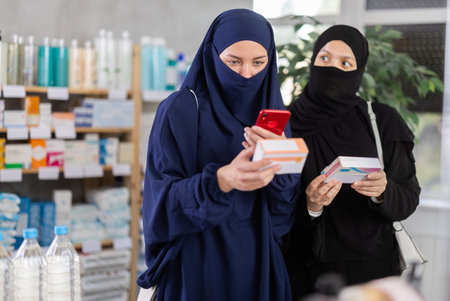 Attentive two woman in hijab choosing box with pills to improve well-being in pharmacy, scan QR code on labelの写真素材