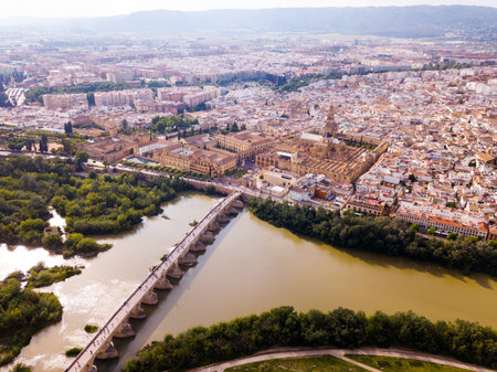 Aerial view of Cordoba with Roman Bridge and Mosque-Cathedralの写真素材
