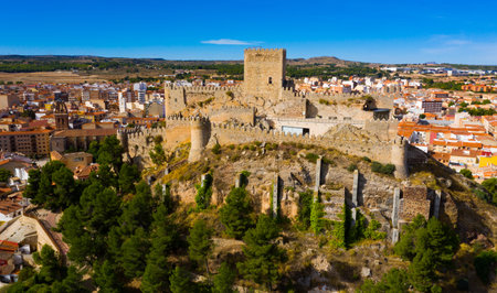 Aerial view of Almansa castle. City of Almansa. Spain