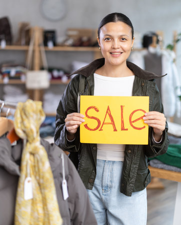 Asian woman holds yellow poster informing about discounts in storeの写真素材
