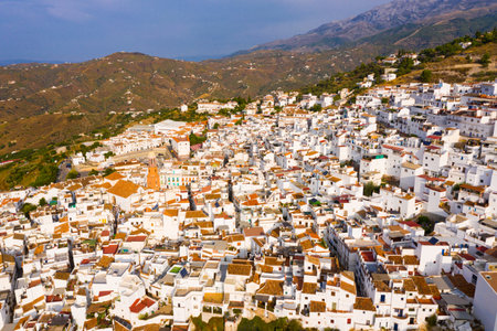 Scenic panoramic top view of city of Competa in Spainの写真素材