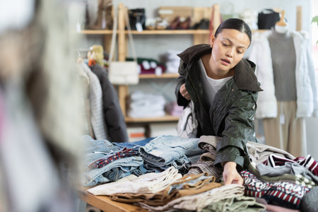 Focused asian young female client carefully choosing pants or stylish trousers in clothing mallの写真素材