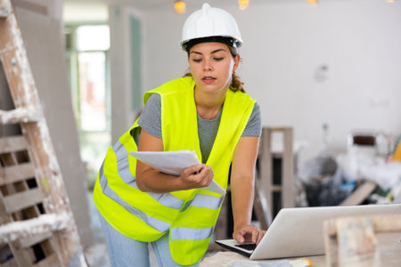 Female architect using laptop during repair works