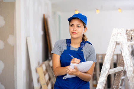 Worried woman builder inspecting construction site