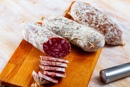 Sliced italian sausages salaminiの写真素材